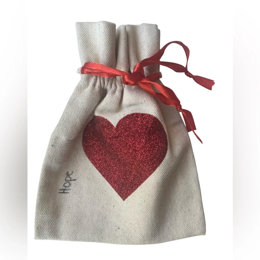 Red Sparkly Heart Canvas Draw String Gift Bag “HOPE” Graphic 4.75” X 6” Jewelry